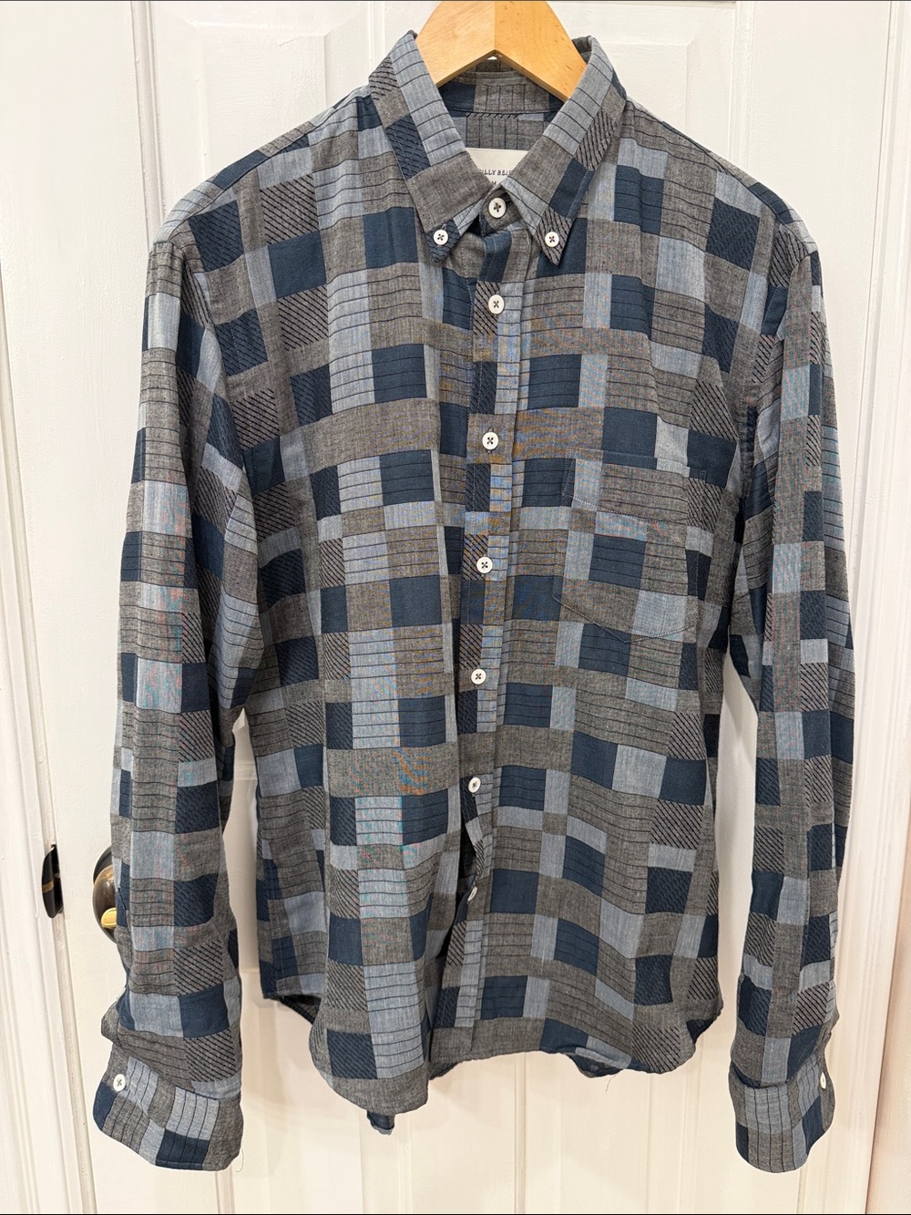 Billy Reid Navy and Gray Patchwork Plaid Button-Down Shirt